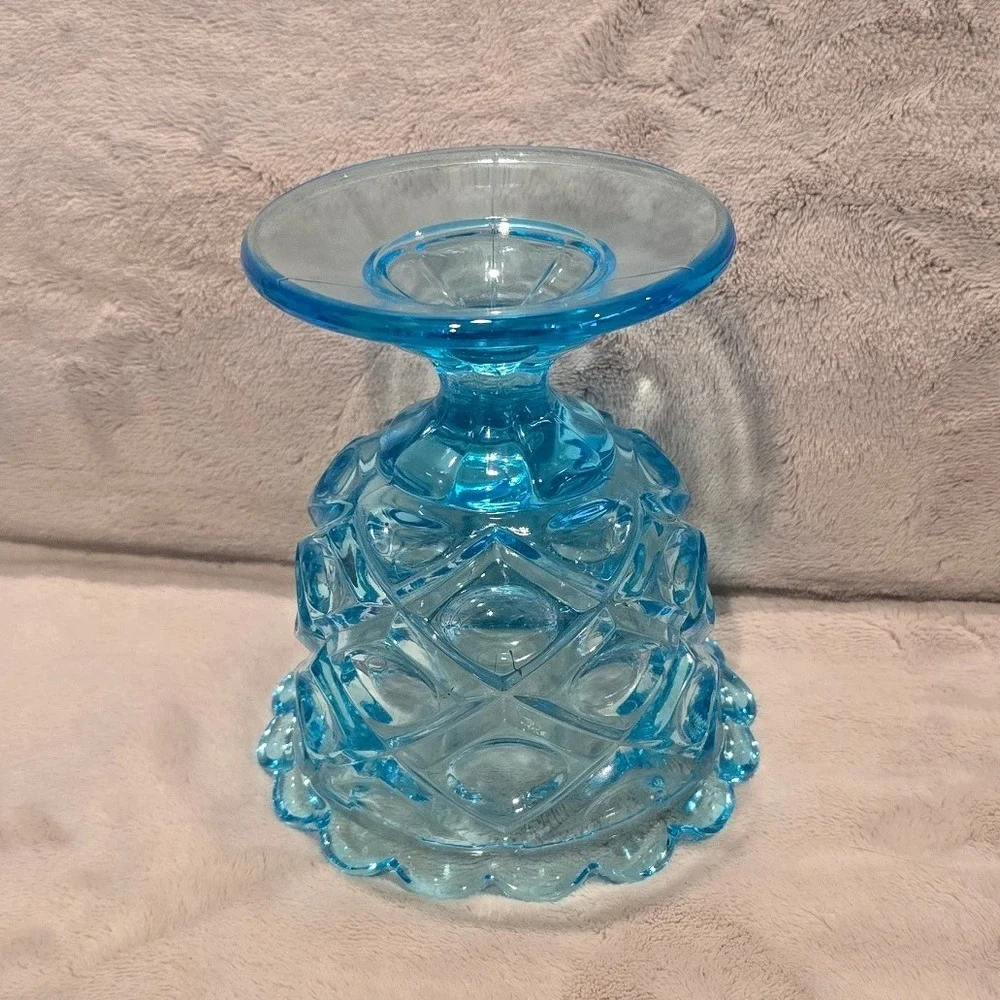Vtg Summit Mosser Blue Pressed Glass Pedestal Bowl Scalloped Diamond Point Dish